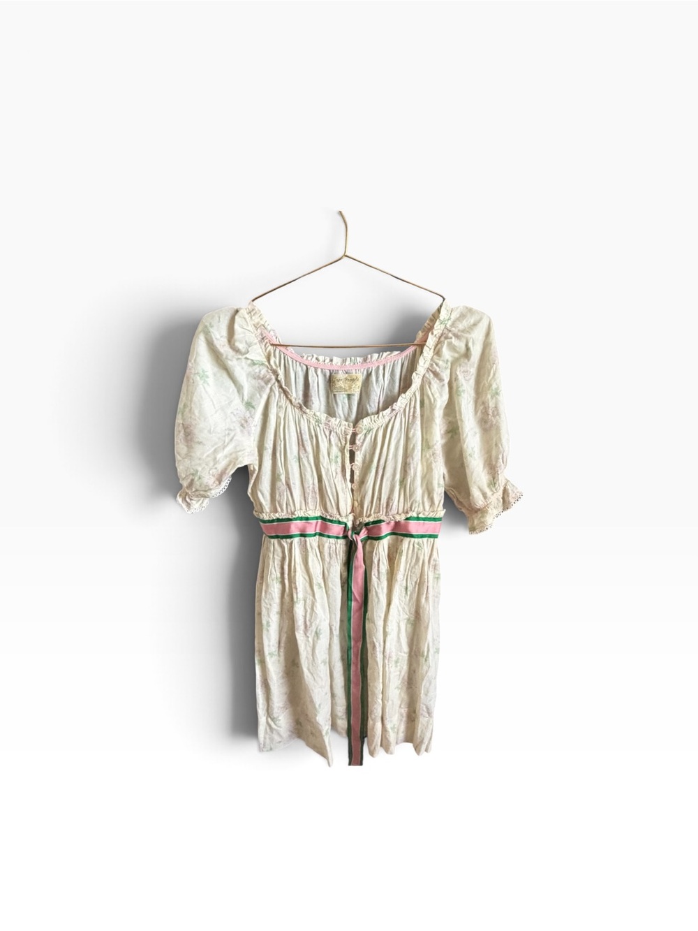 Free People Cream Floral Ribbon Tie Puff Sleeve Tunic Blouse Size 2